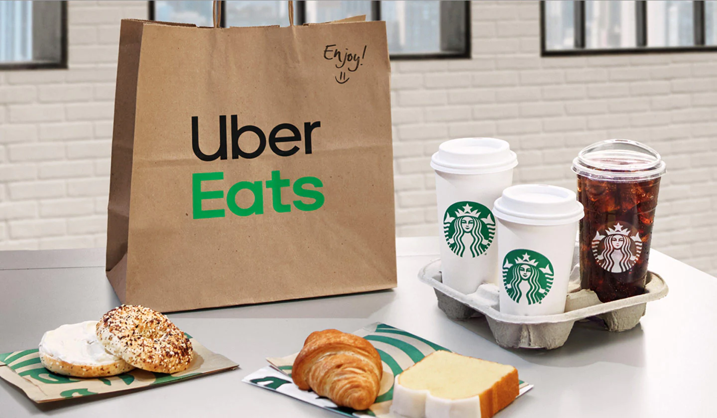 Uber Eats delivery bag with Starbucks coffee